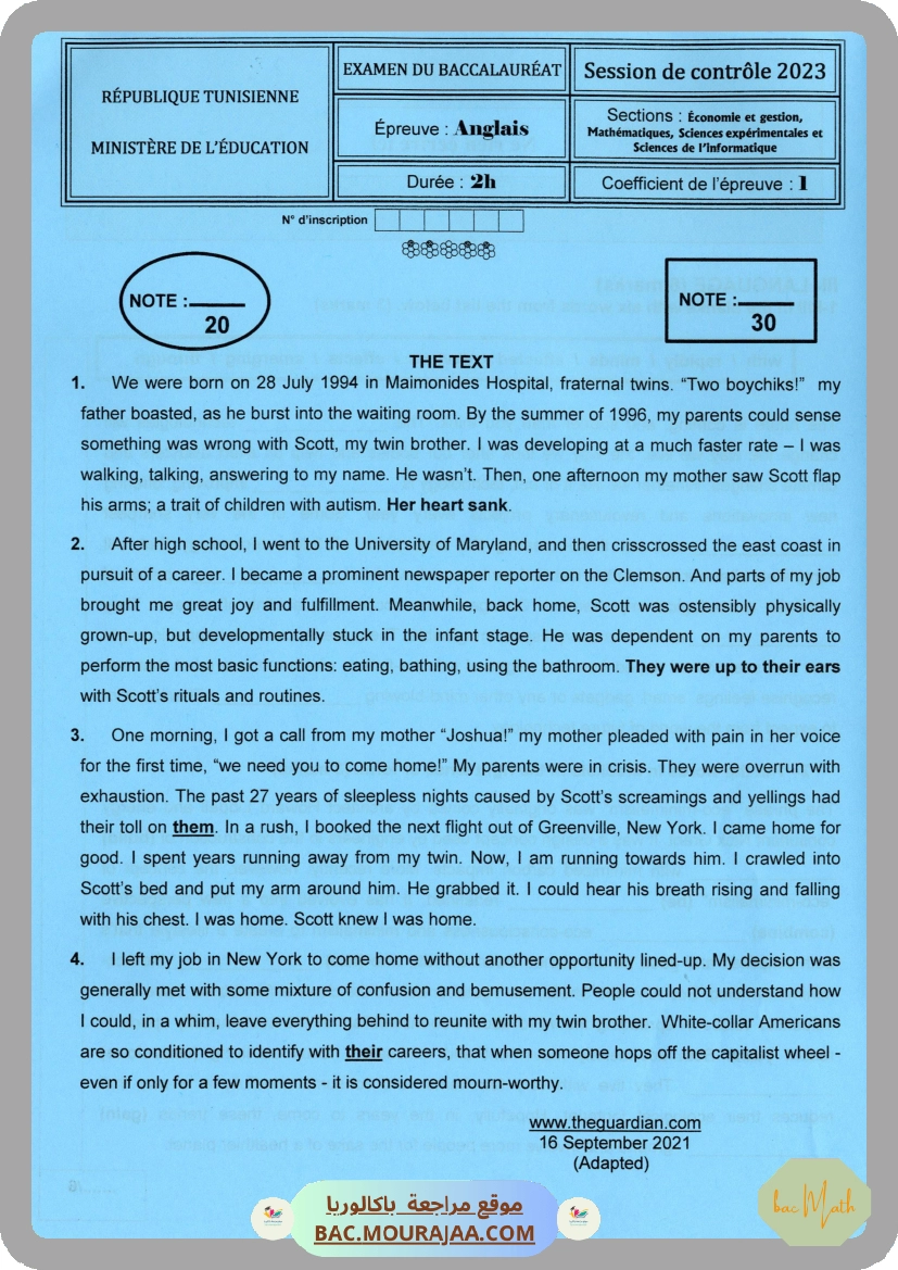 Sujet controle anglais Bac 2023 – Section math